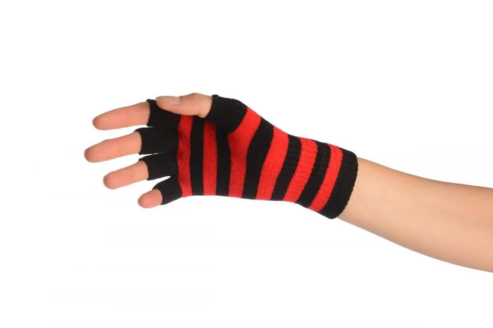 Red & Black Stripes Short Fingerless Gloves