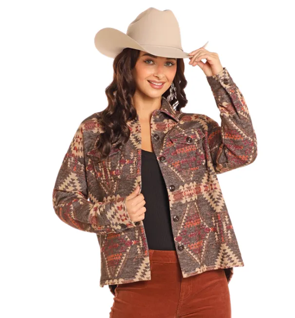 Rock & Roll Cowgirl Women's Brown Aztec Cropped Shirt Jacket BW92C04316