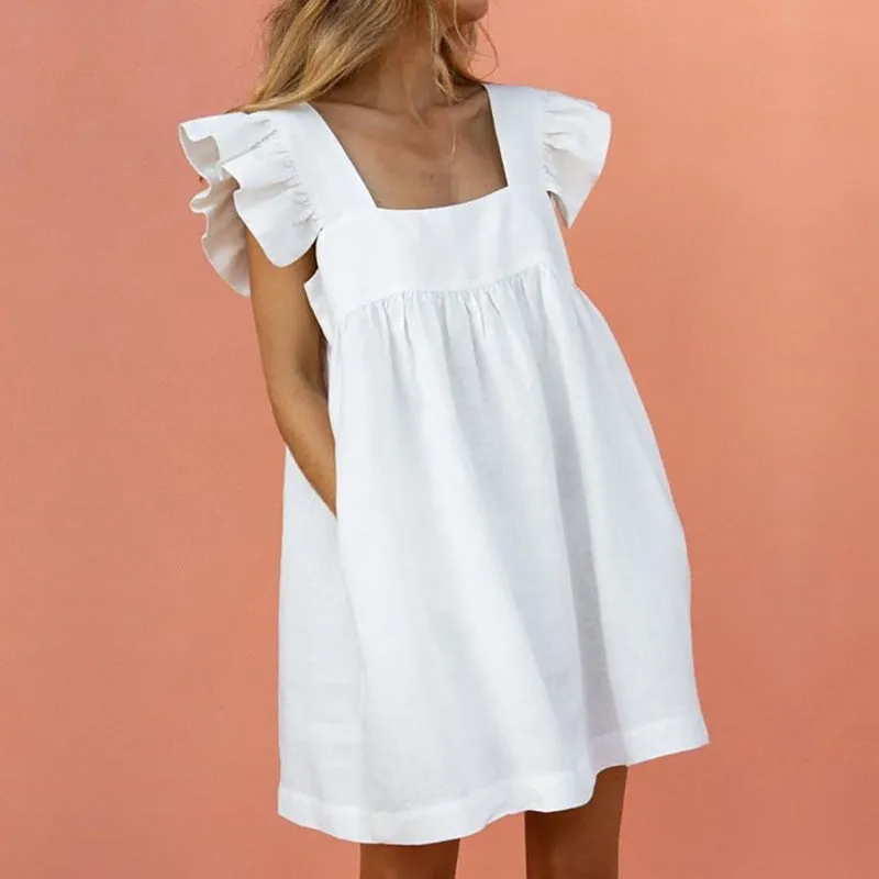 Ruffle Sleeve Summer Square Neck Solid Color Elegant Mini Dress