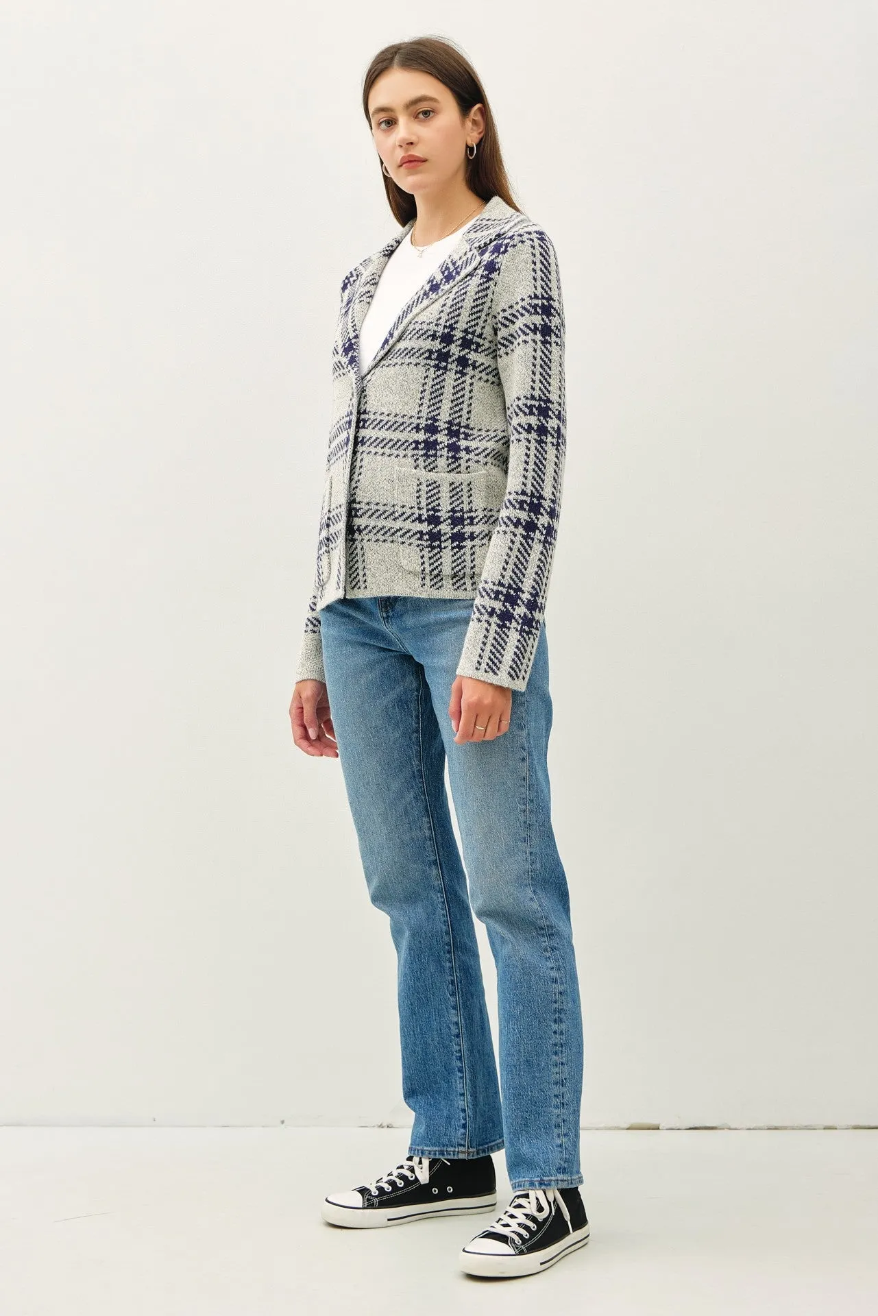 Running Point Cropped Plaid Sweater Jacket