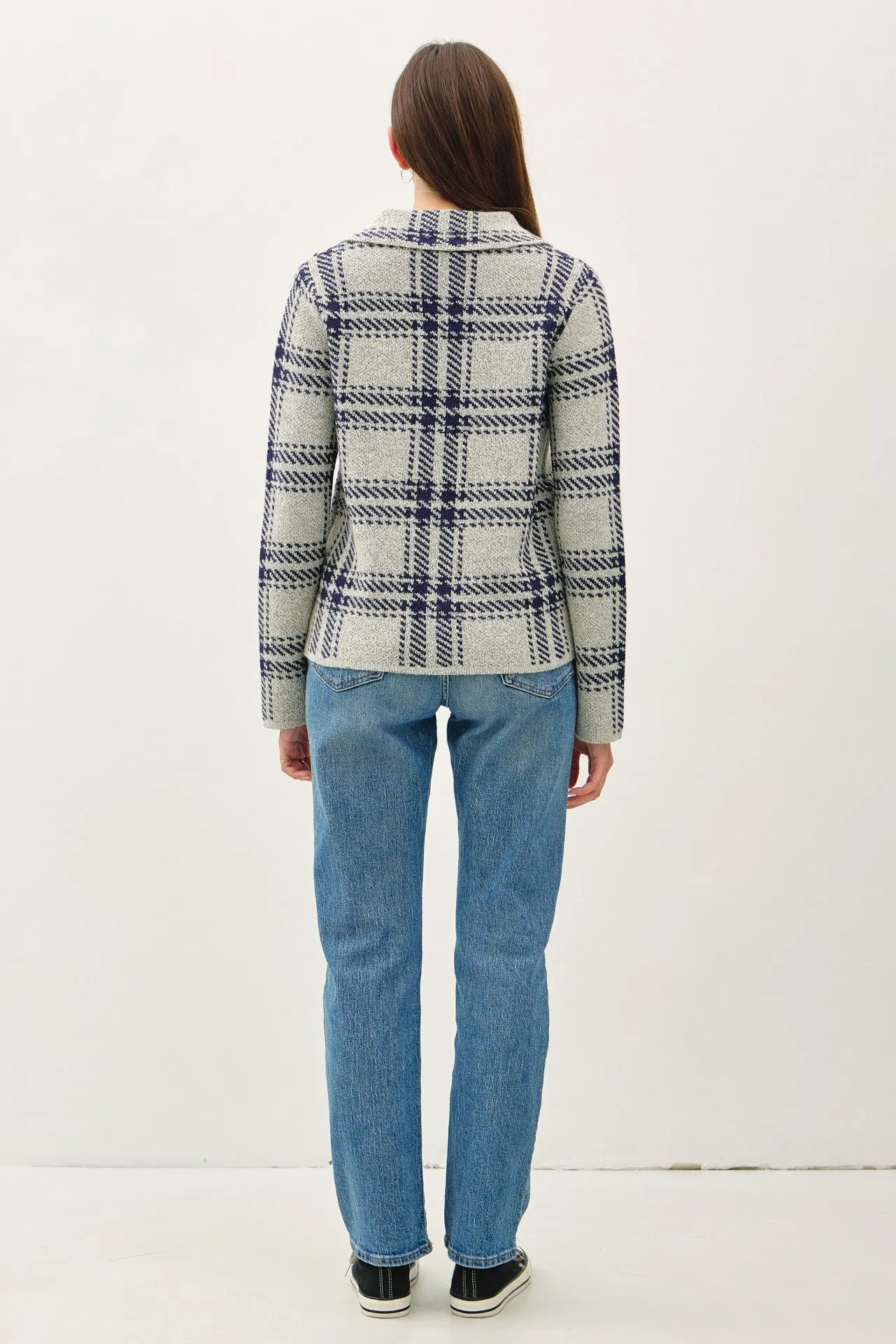 Running Point Cropped Plaid Sweater Jacket