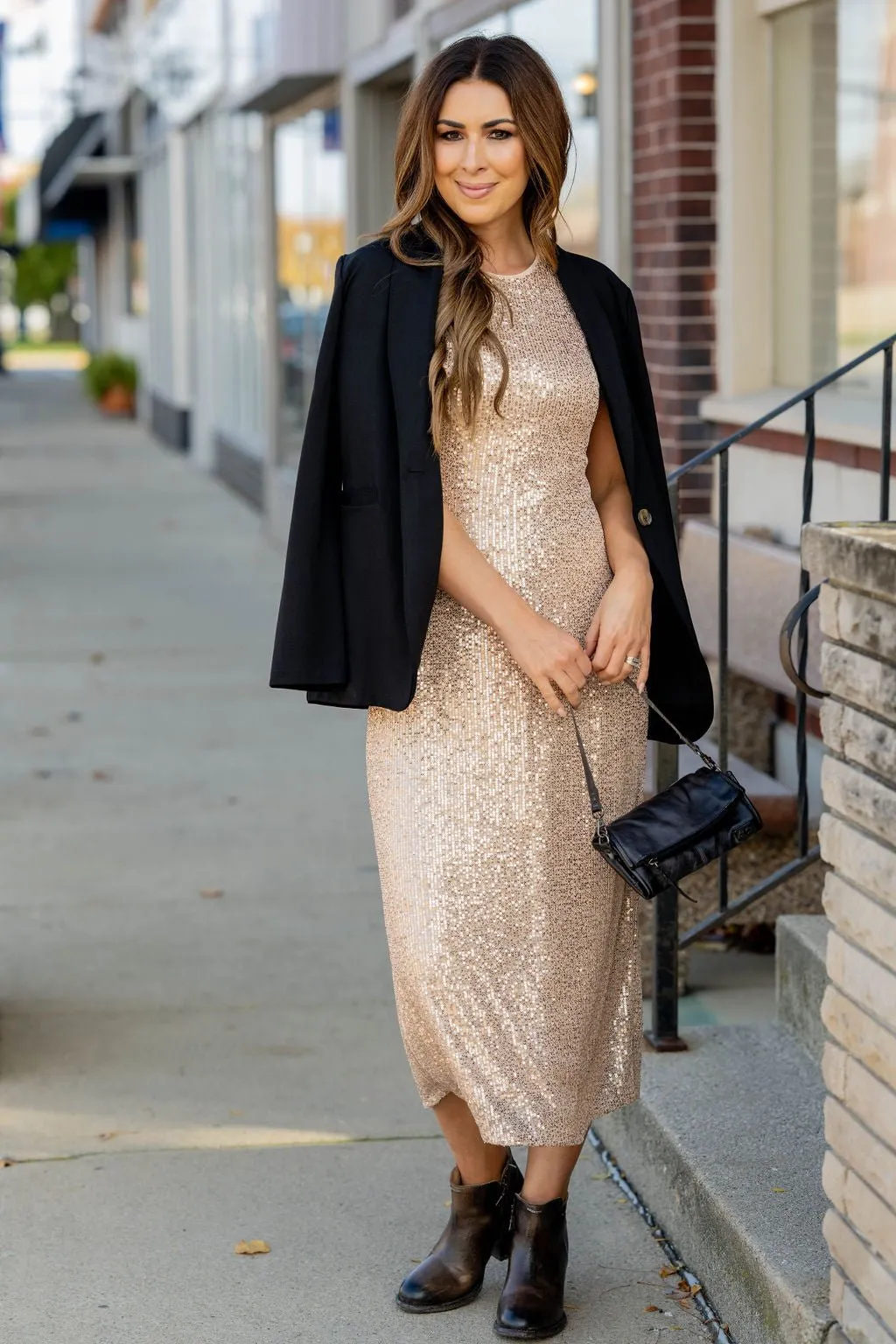 Sequin Slit Back Midi Dress