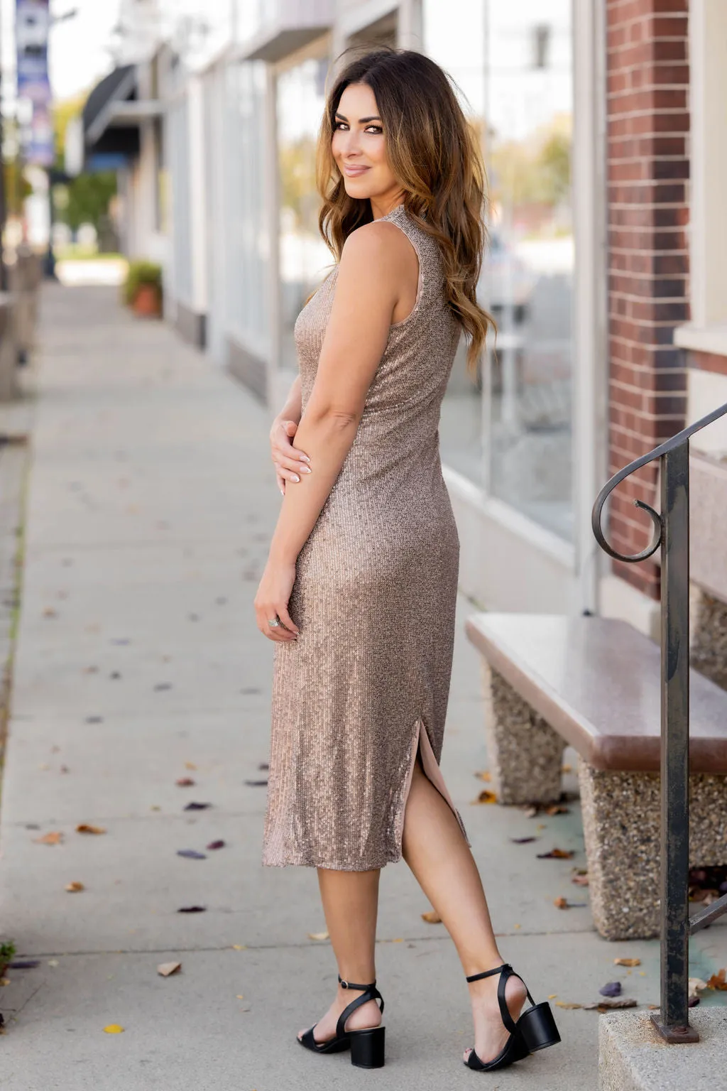 Sequin Slit Back Midi Dress