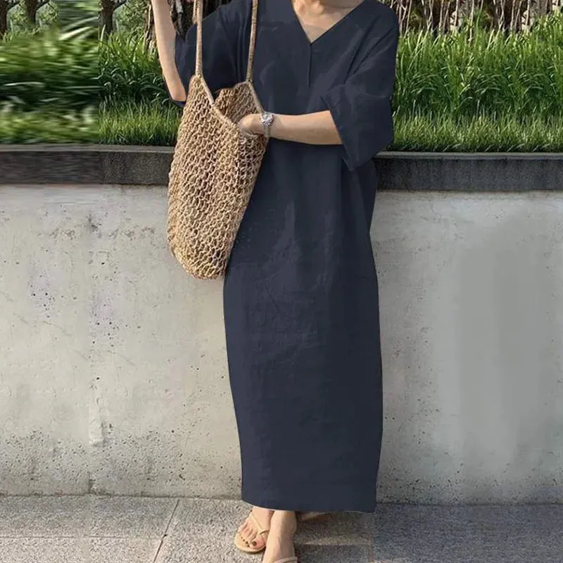 Short Sleeve V-Neck Cotton Linen Clothing Loose Beach Long Harajuku Retro Solid Maxi Party Fashion Dress