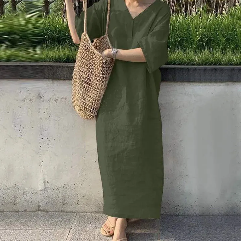 Short Sleeve V-Neck Cotton Linen Clothing Loose Beach Long Harajuku Retro Solid Maxi Party Fashion Dress