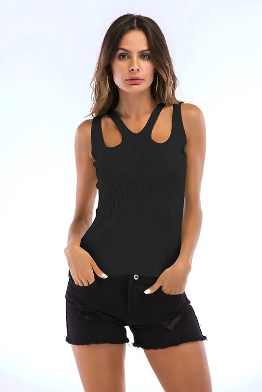 Solid Cut Out Sleeveless Fitted Knit Tank Top