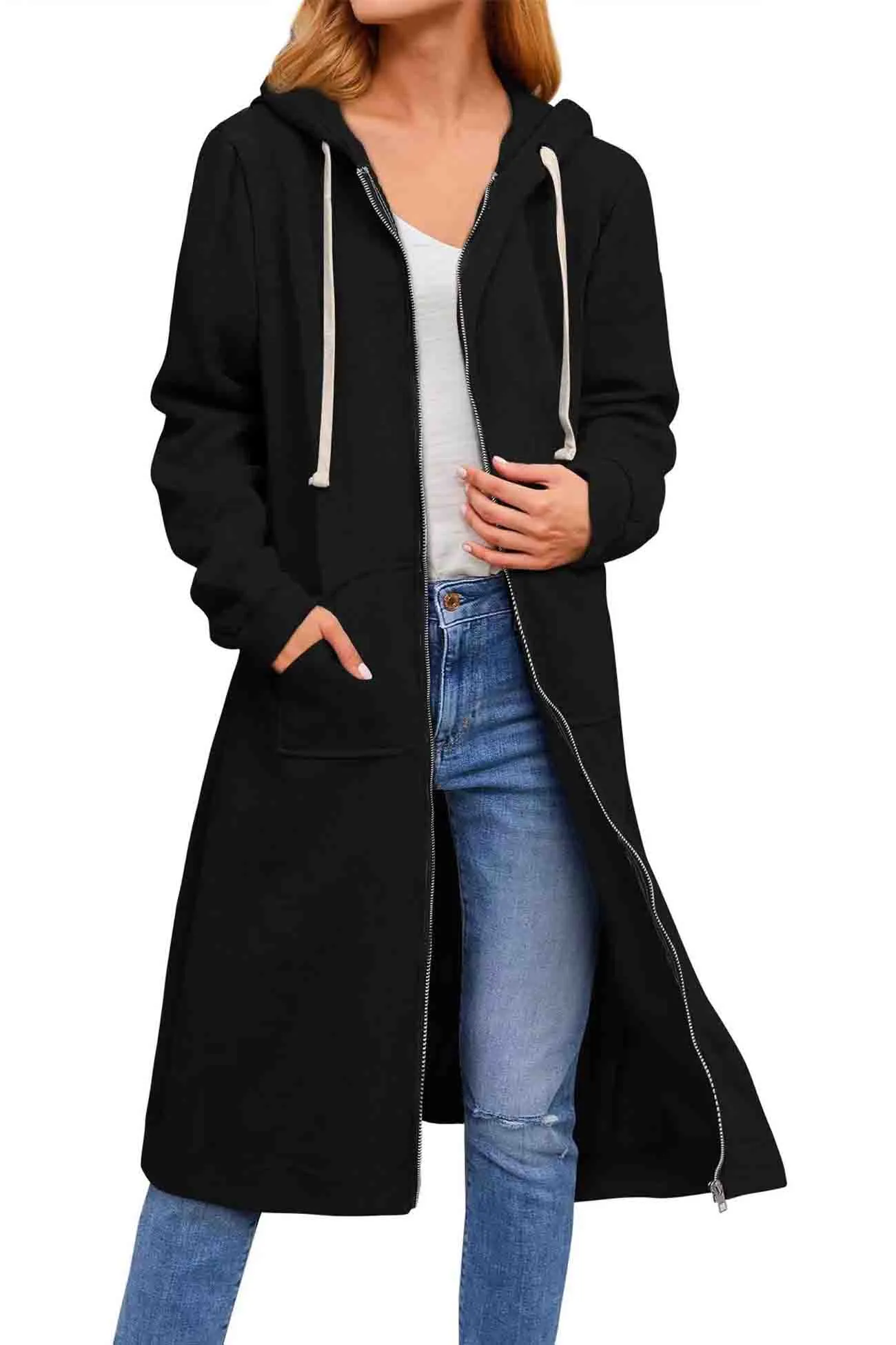 Solid Zip Up Drawstring Hooded Long Cardigan