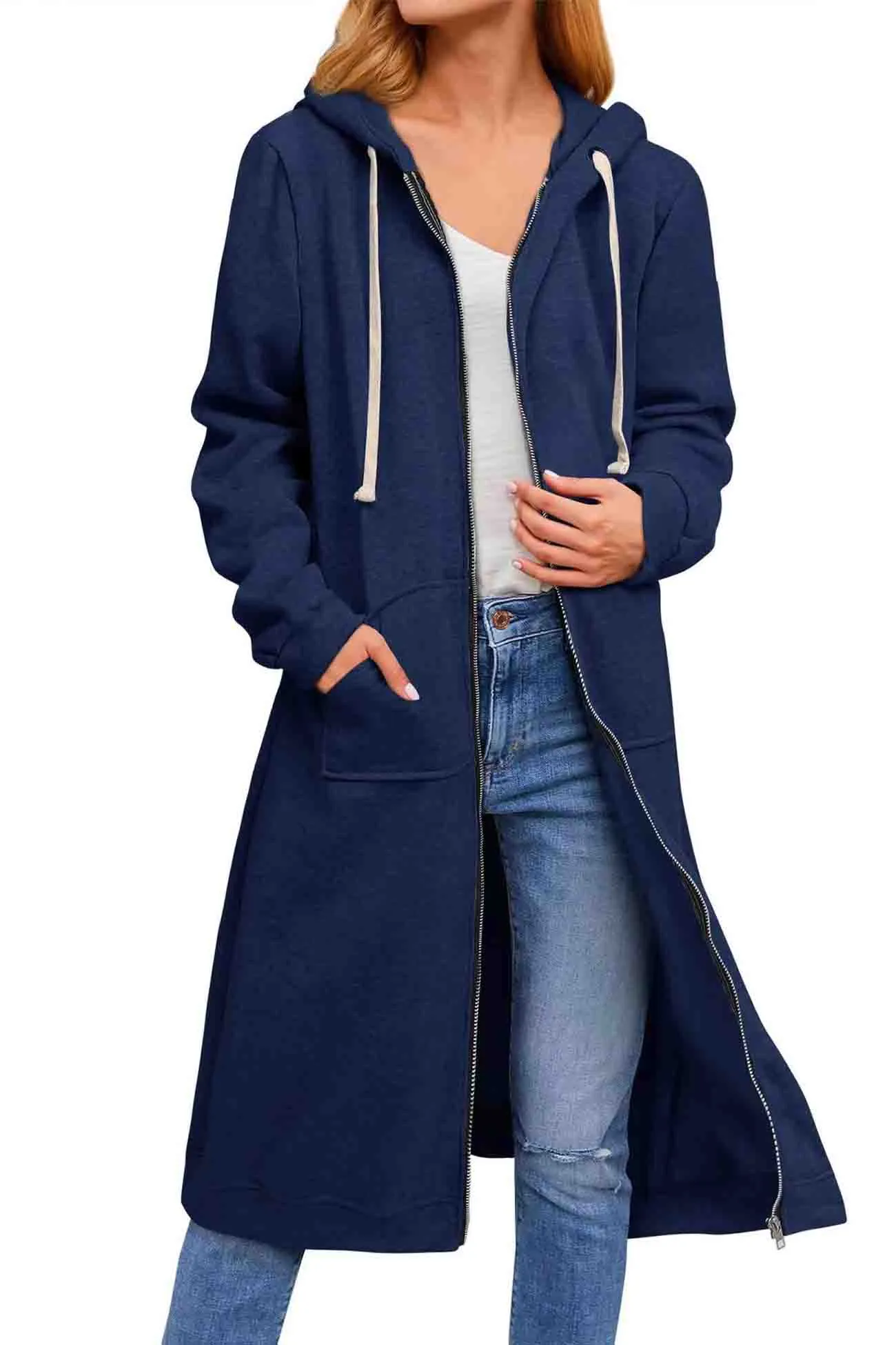 Solid Zip Up Drawstring Hooded Long Cardigan