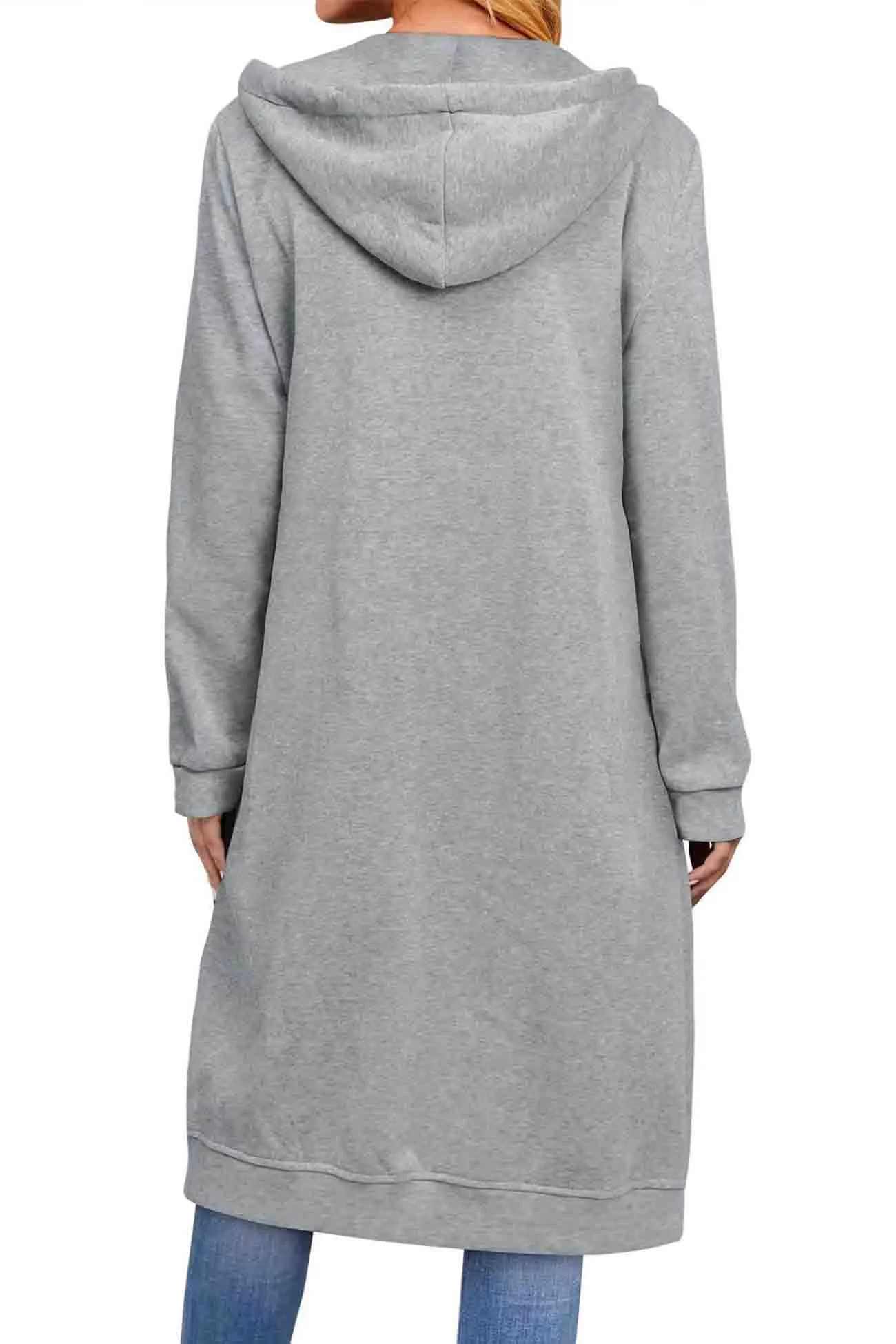 Solid Zip Up Drawstring Hooded Long Cardigan