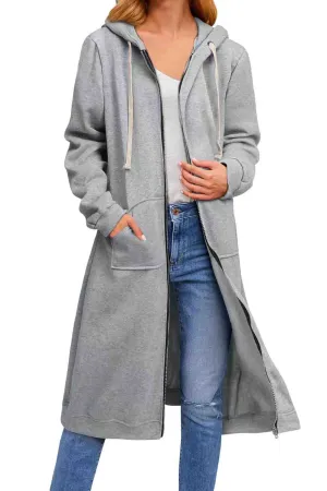 Solid Zip Up Drawstring Hooded Long Cardigan