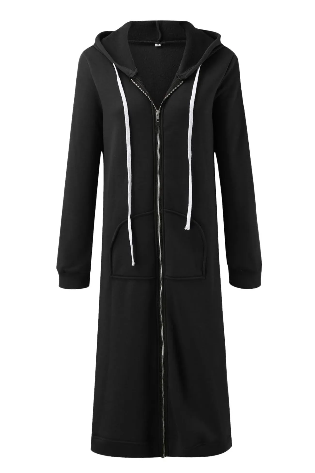 Solid Zip Up Drawstring Hooded Long Cardigan