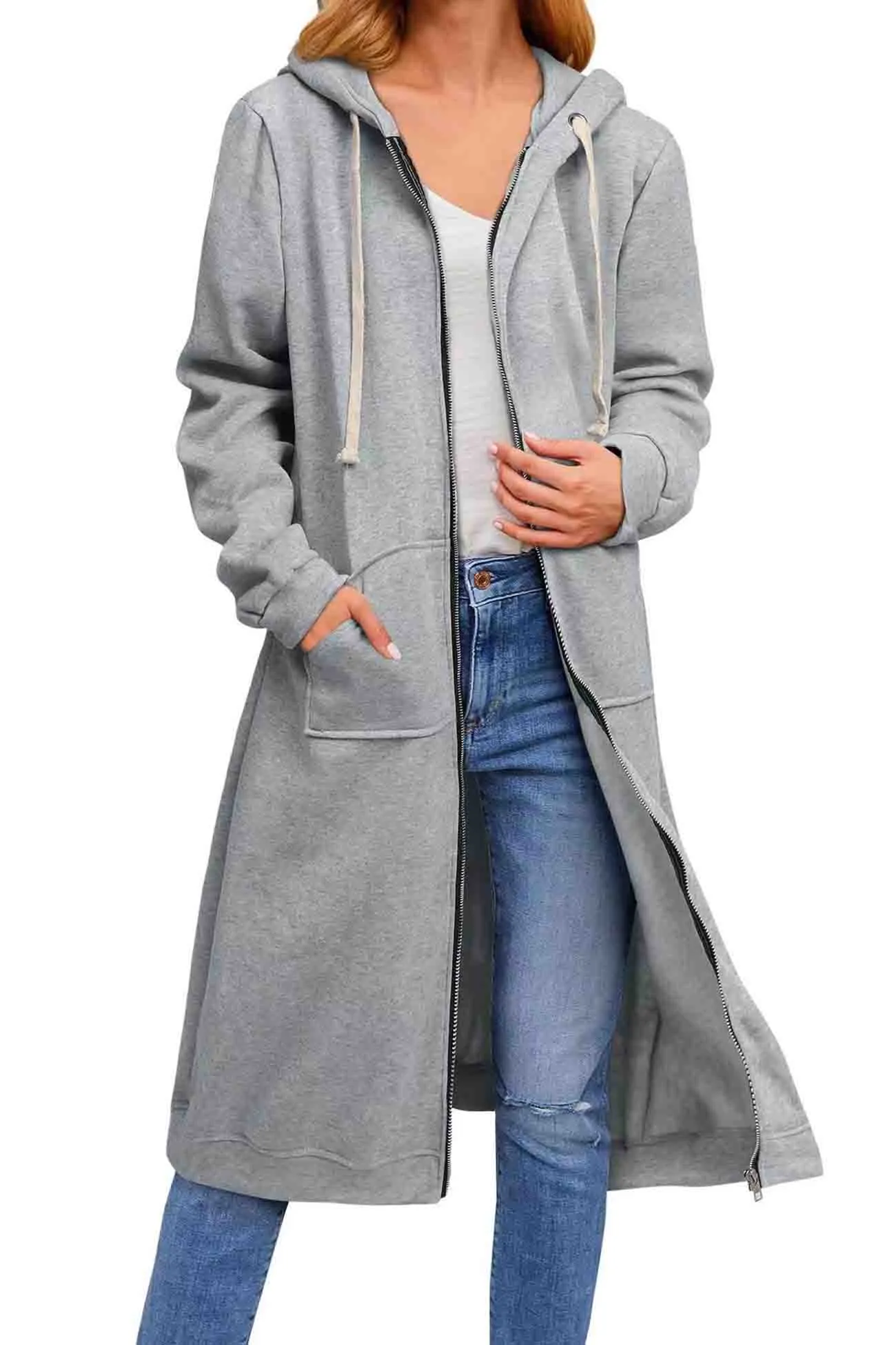 Solid Zip Up Drawstring Hooded Long Cardigan