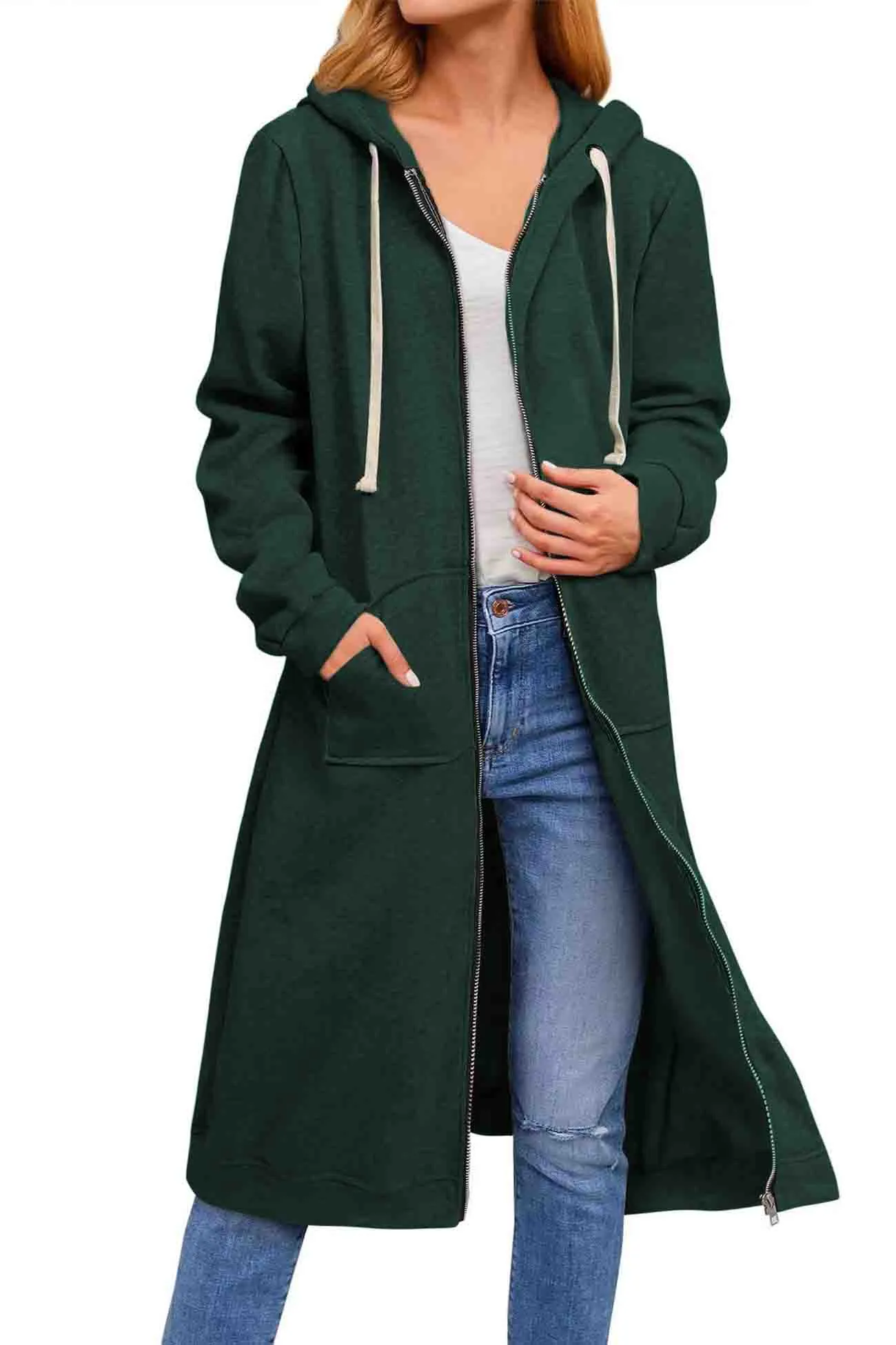 Solid Zip Up Drawstring Hooded Long Cardigan