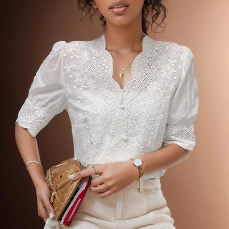 Spring Cotton Casual Short White Sleeve Embroidered Hollow Sleeve Summer Puff Linen Out Top