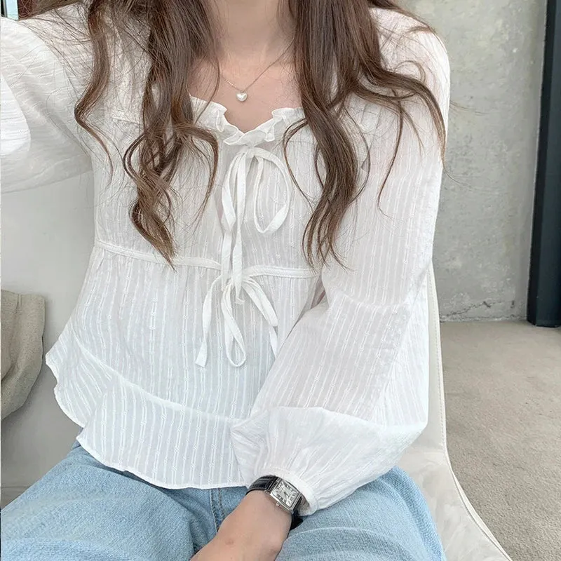 Spring Soft New Long Cotton Korean White Linen Sleeve Casual Top