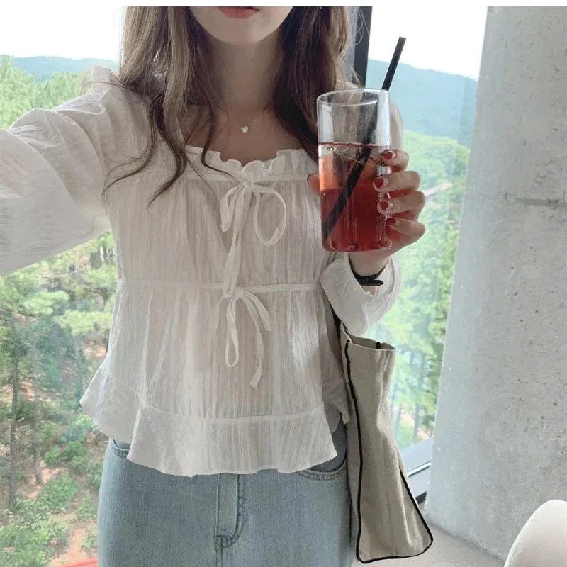 Spring Soft New Long Cotton Korean White Linen Sleeve Casual Top