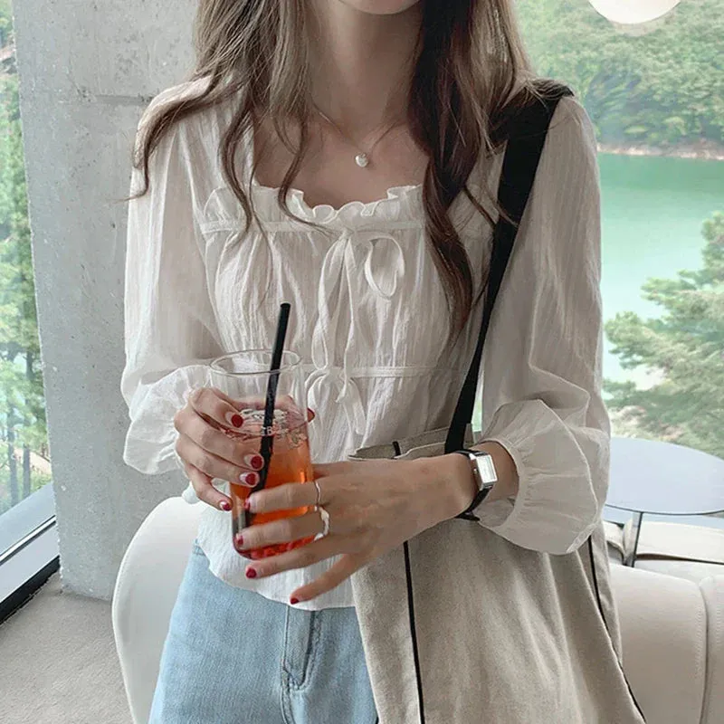 Spring Soft New Long Cotton Korean White Linen Sleeve Casual Top