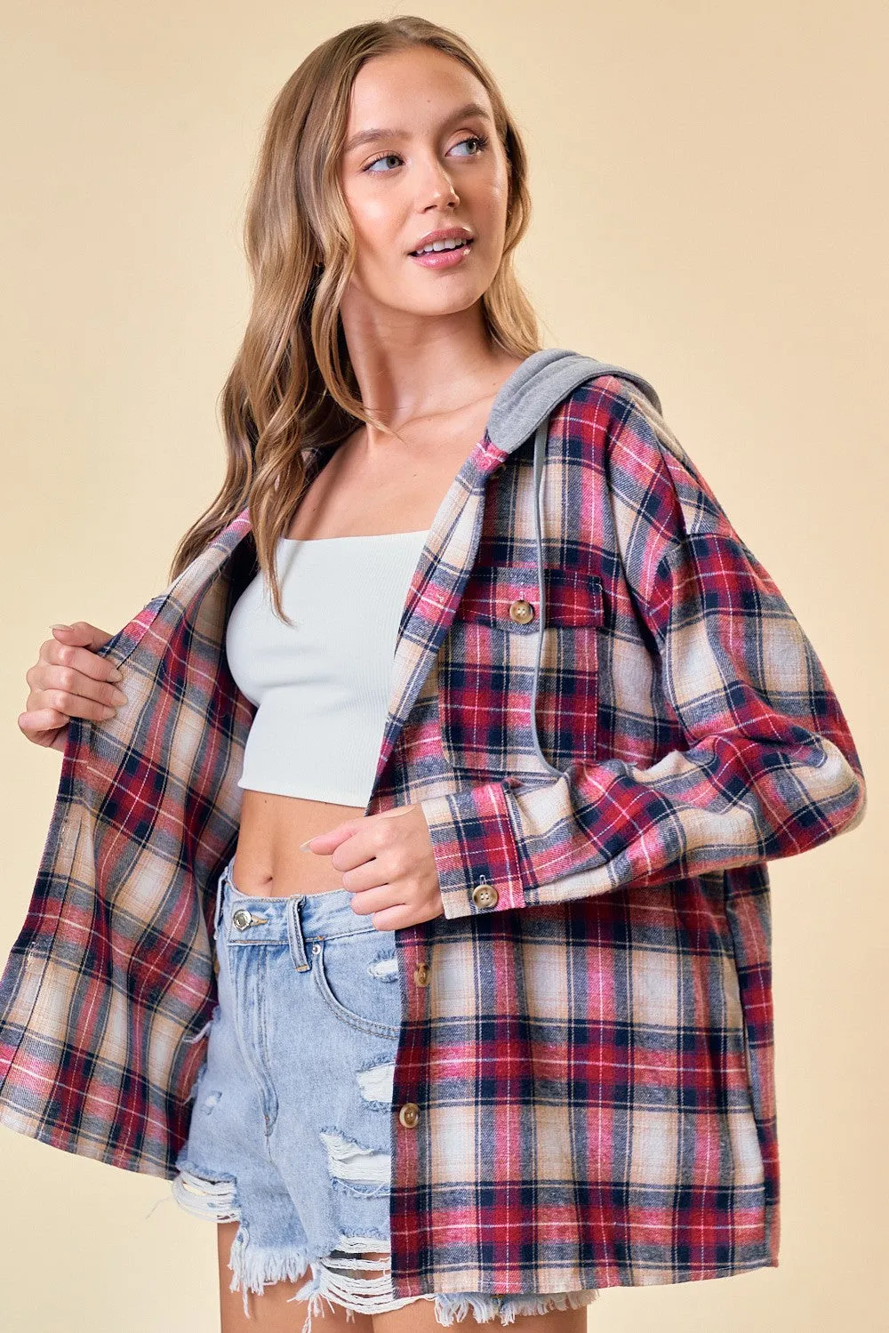 Stay For While Hooded Plaid Shacket