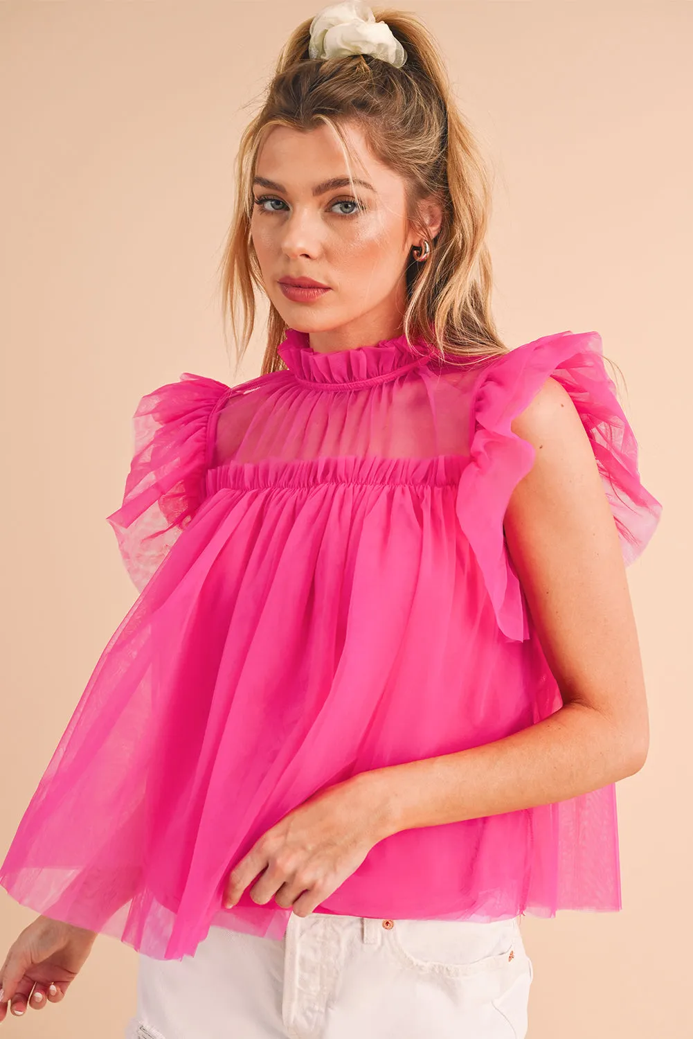 Strawberry Pink Ruffle Trim Mesh Layered Blouse