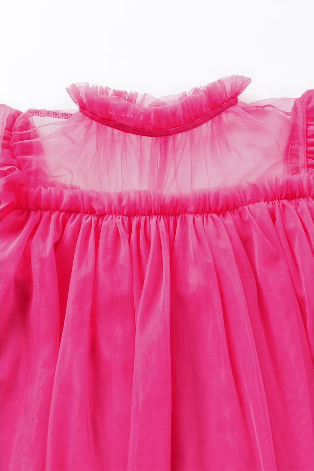 Strawberry Pink Ruffle Trim Mesh Layered Blouse