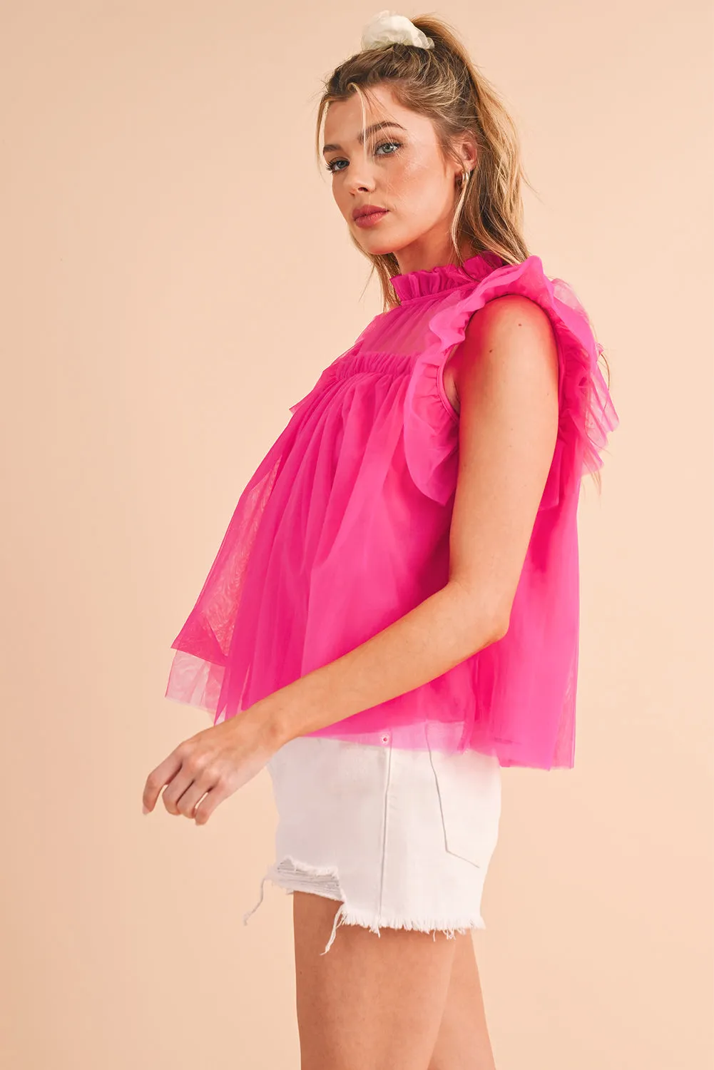 Strawberry Pink Ruffle Trim Mesh Layered Blouse