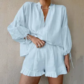 Summer Long Sleeve V-neck Ruffled Cotton Linen Beach Tie-up Spring Set