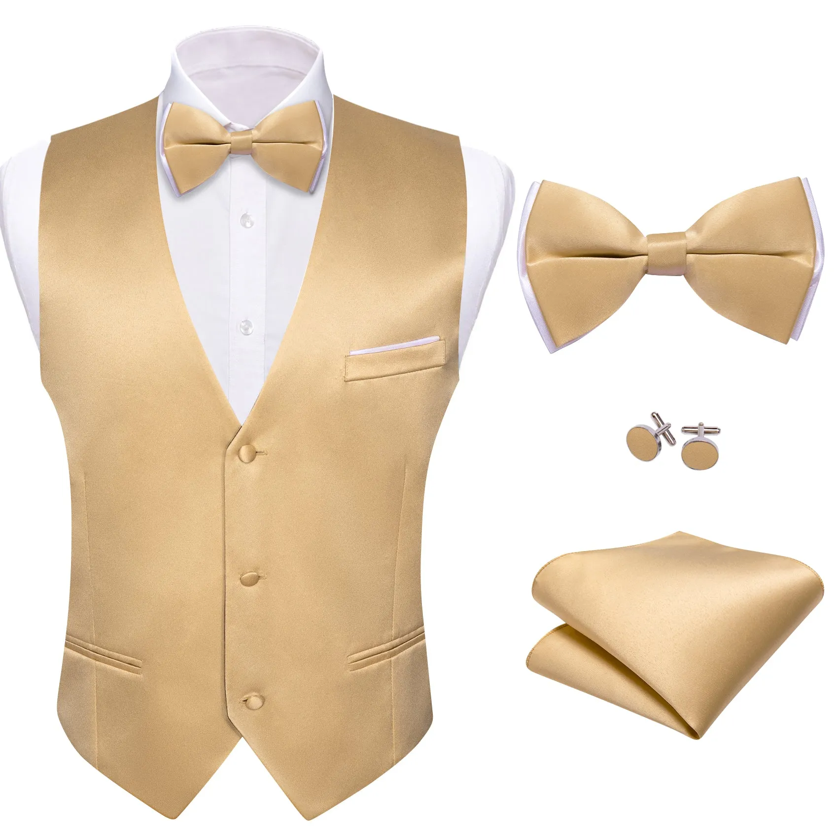 Tan Solid Silk Men's Vest Bow Tie Set Waistcoat Suit Set