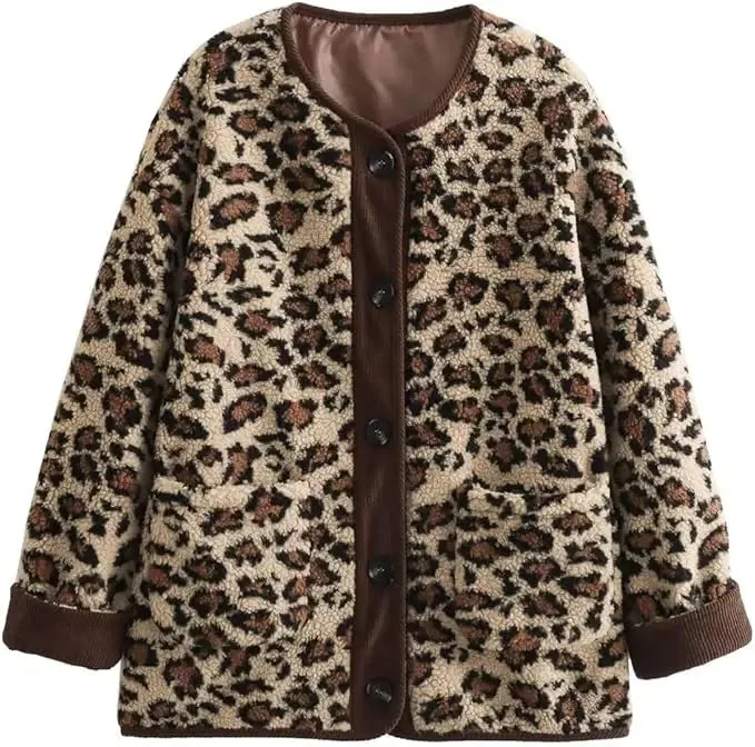 TAVIMART  -  New Women's Leopard Fuzzy Fleece Jacket Long Sleeve Open Front Coats Lightweight Casual Outerwear with Pocket Thermal Top Jacket