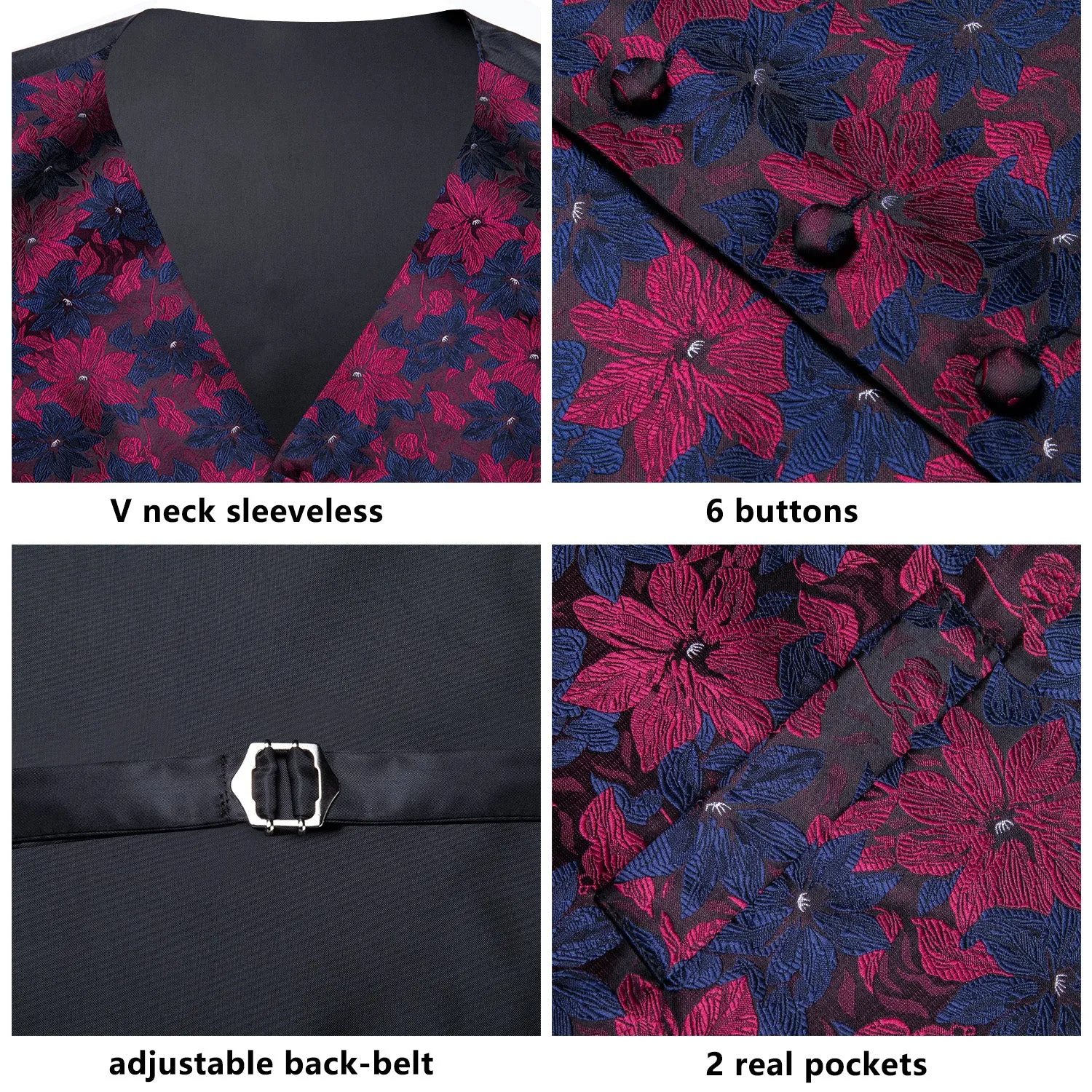 Ties2you Men's Suit Vest Burgundy Blue Floral Vest Tie Hanky Cufflinks Set Waistcoat Suit Set