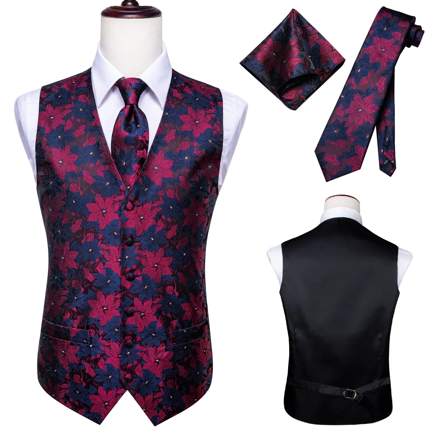 Ties2you Men's Suit Vest Burgundy Blue Floral Vest Tie Hanky Cufflinks Set Waistcoat Suit Set