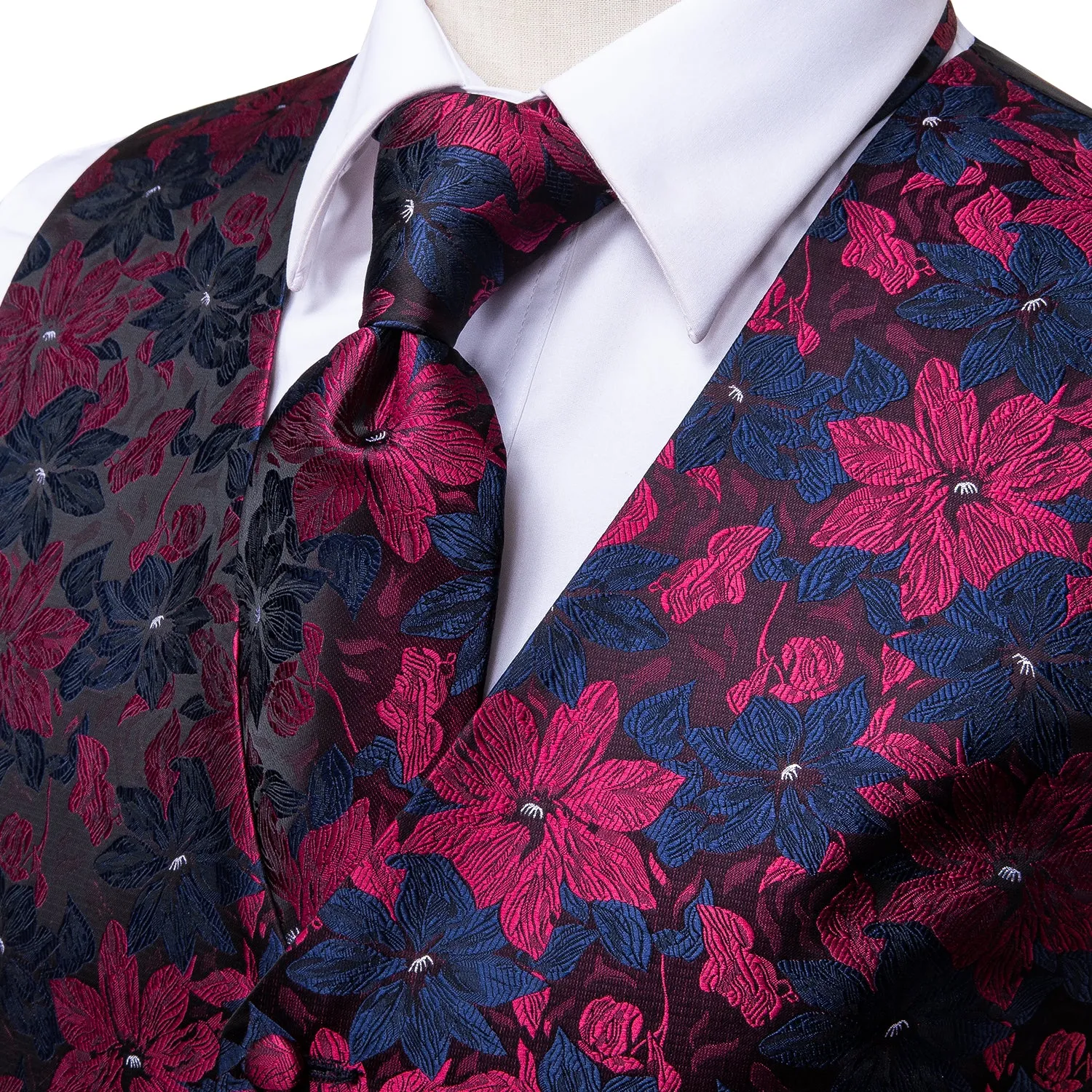 Ties2you Men's Suit Vest Burgundy Blue Floral Vest Tie Hanky Cufflinks Set Waistcoat Suit Set