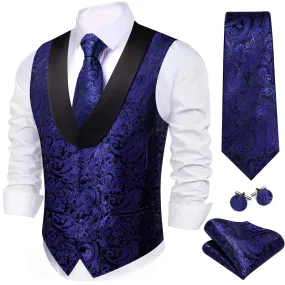 Ties2you Men's Vest Navy Blue Woven Paisley Shawl Collar Vest Tie Set