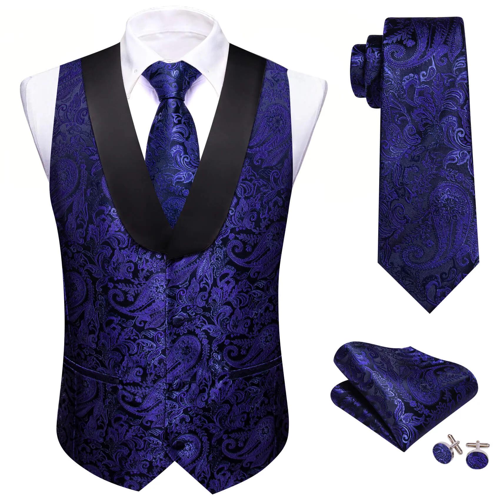 Ties2you Men's Vest Navy Blue Woven Paisley Shawl Collar Vest Tie Set