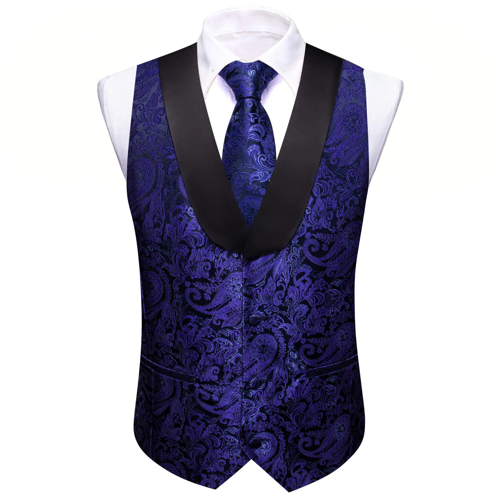 Ties2you Men's Vest Navy Blue Woven Paisley Shawl Collar Vest Tie Set