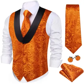 Ties2you Shawl Collar Vest Fire Orange Paisley Silk Vest Tie Set for Men