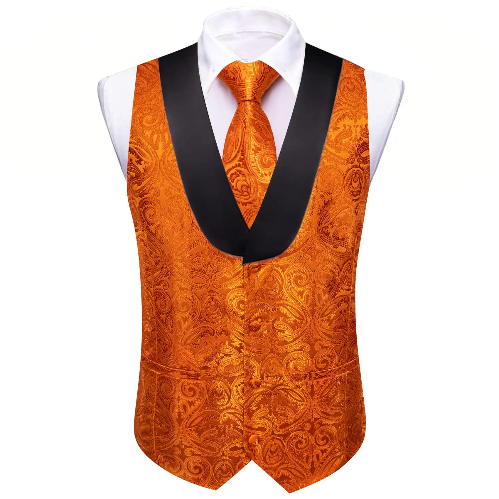 Ties2you Shawl Collar Vest Fire Orange Paisley Silk Vest Tie Set for Men