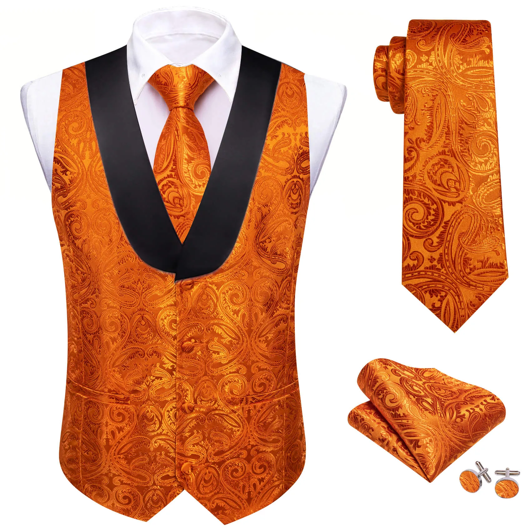 Ties2you Shawl Collar Vest Fire Orange Paisley Silk Vest Tie Set for Men