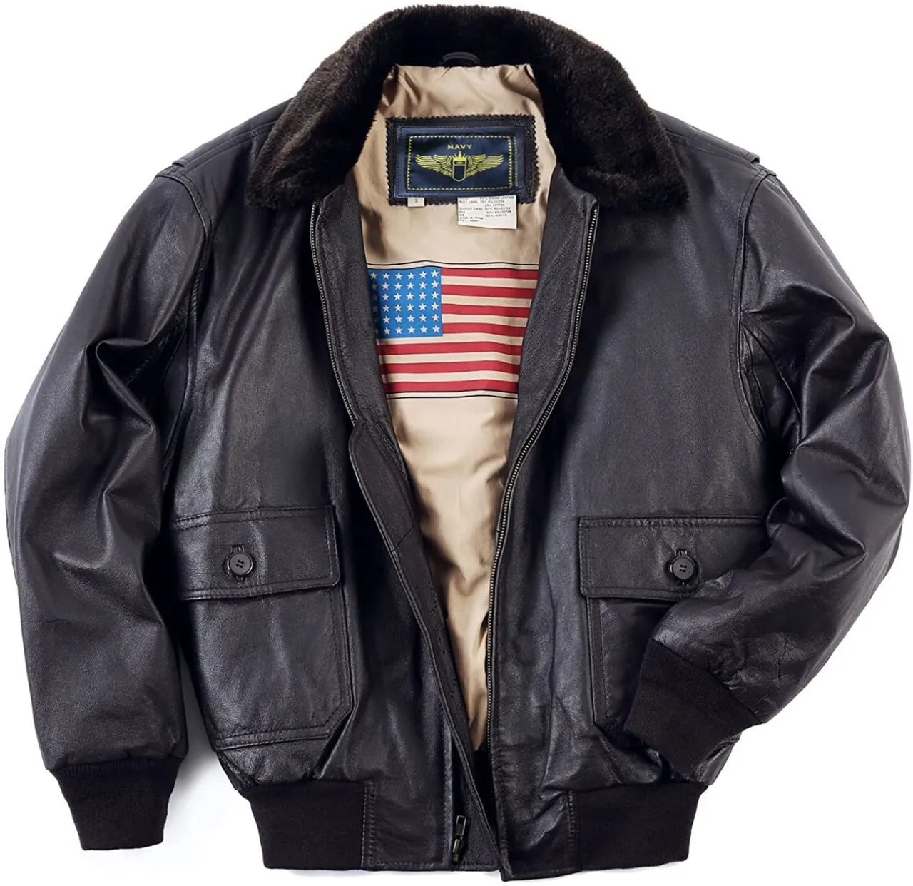 US Navy G1 Black Bomber Fur Collar Men's Genuine Sheepskin Leather Jacket