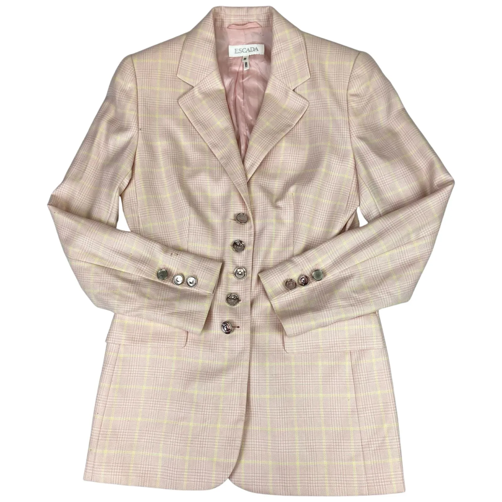 Vintage 80s 90s Pink Escada Plaid Chequered Button Up Cashmere Blazer M 12/14