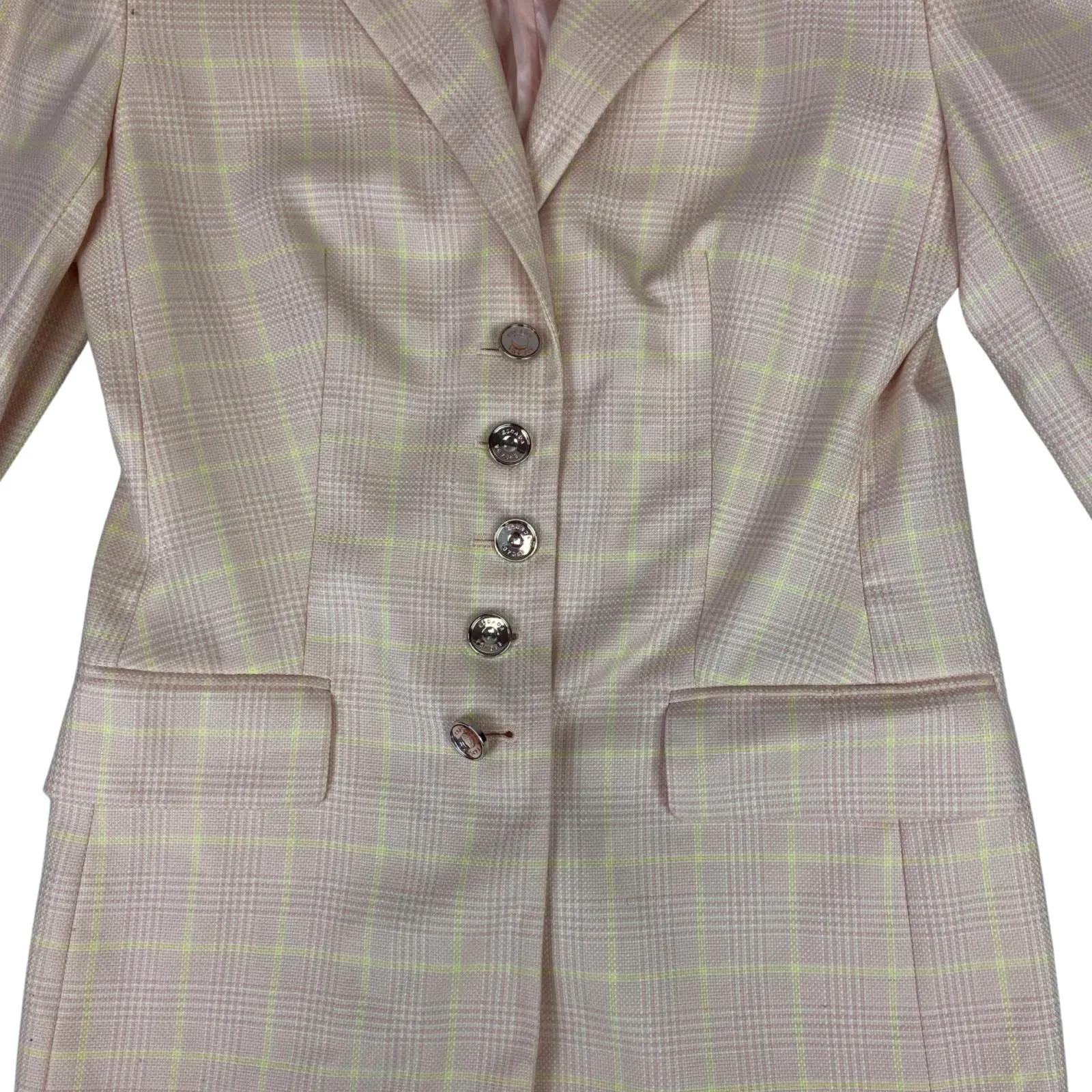 Vintage 80s 90s Pink Escada Plaid Chequered Button Up Cashmere Blazer M 12/14