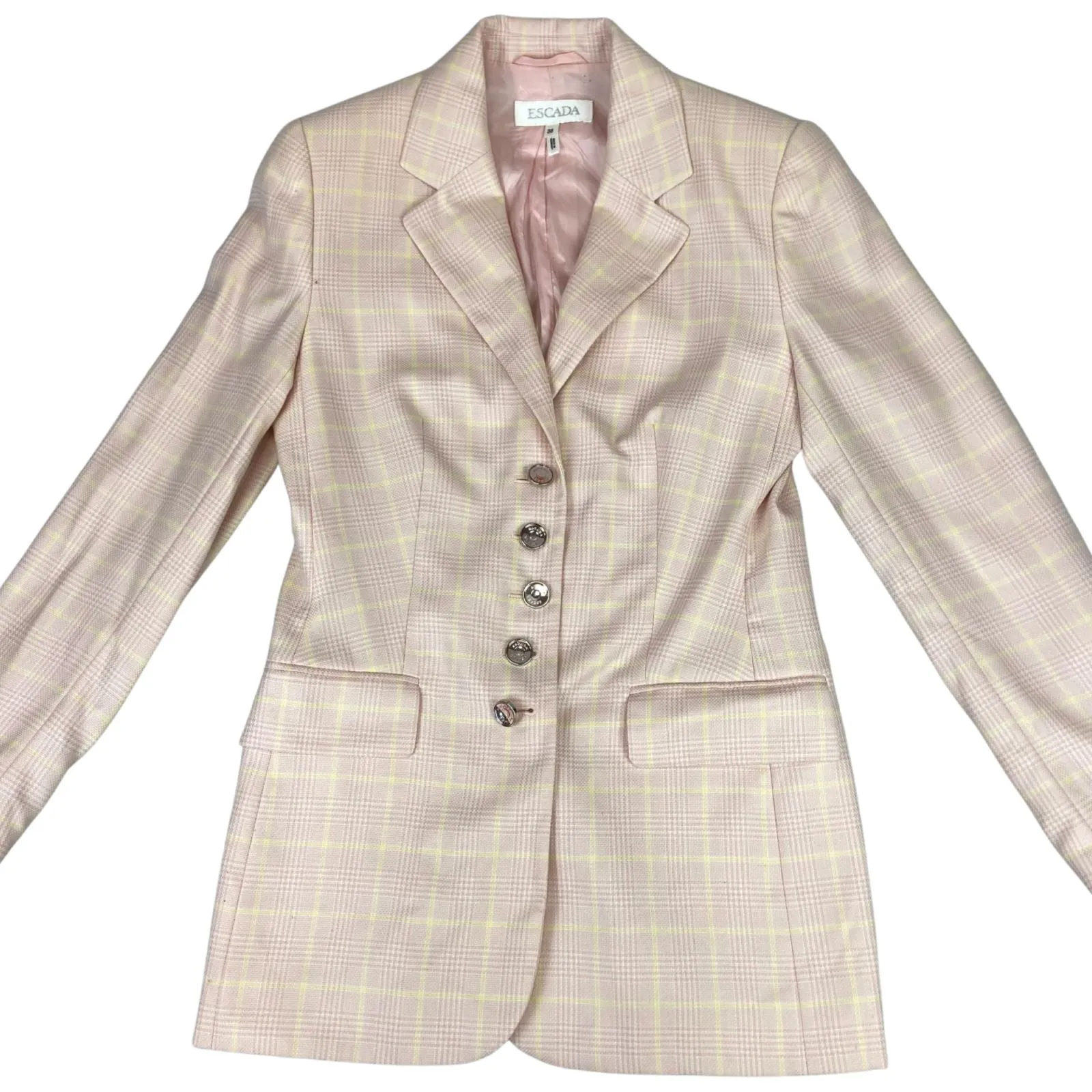 Vintage 80s 90s Pink Escada Plaid Chequered Button Up Cashmere Blazer M 12/14