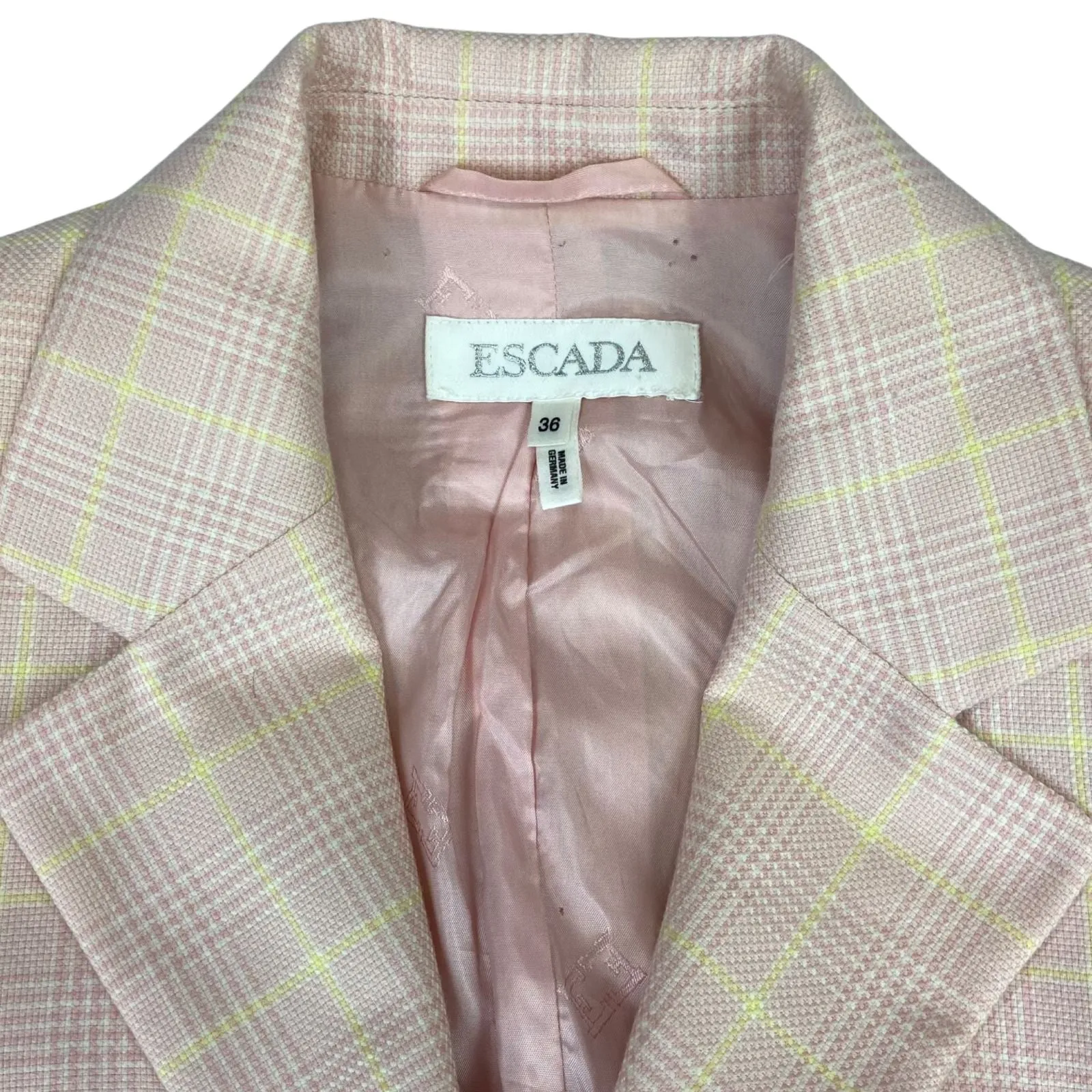 Vintage 80s 90s Pink Escada Plaid Chequered Button Up Cashmere Blazer M 12/14