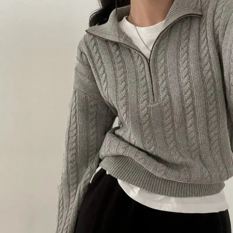 Vintage Half Zipper Women Sweaters Korean Fashion Long Sleeve Knitted Pullover Loose Casual Thermal Knitwear Autumn