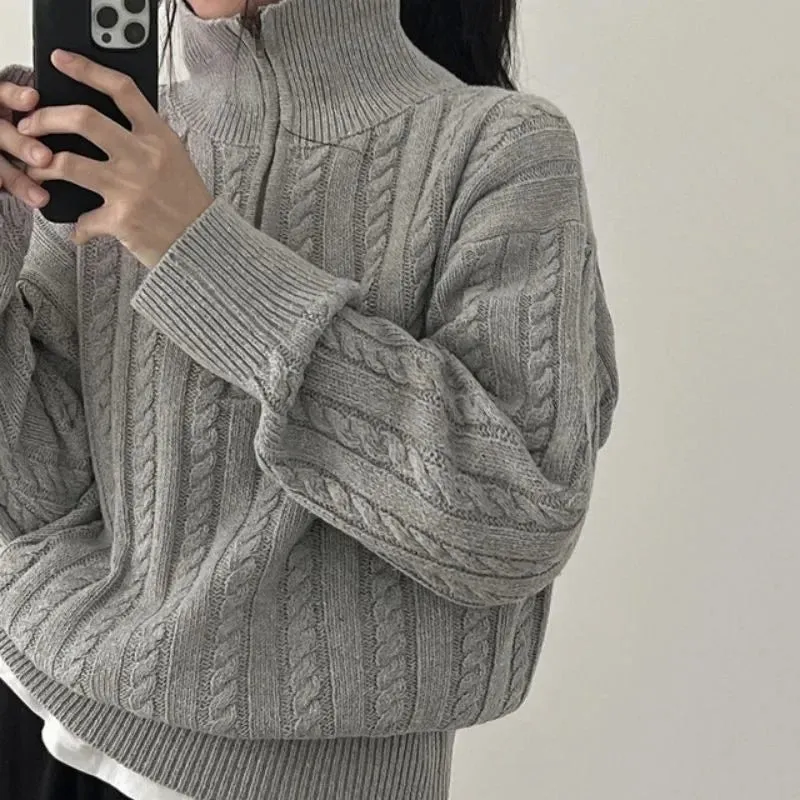 Vintage Half Zipper Women Sweaters Korean Fashion Long Sleeve Knitted Pullover Loose Casual Thermal Knitwear Autumn