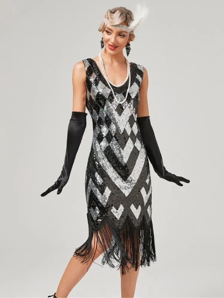 Vintage Sequin Tassel Dress - Geometric A-Line Mid-Calf Sleeveless V-Neck