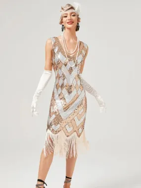 Vintage Sequin Tassel Dress - Geometric A-Line Mid-Calf Sleeveless V-Neck