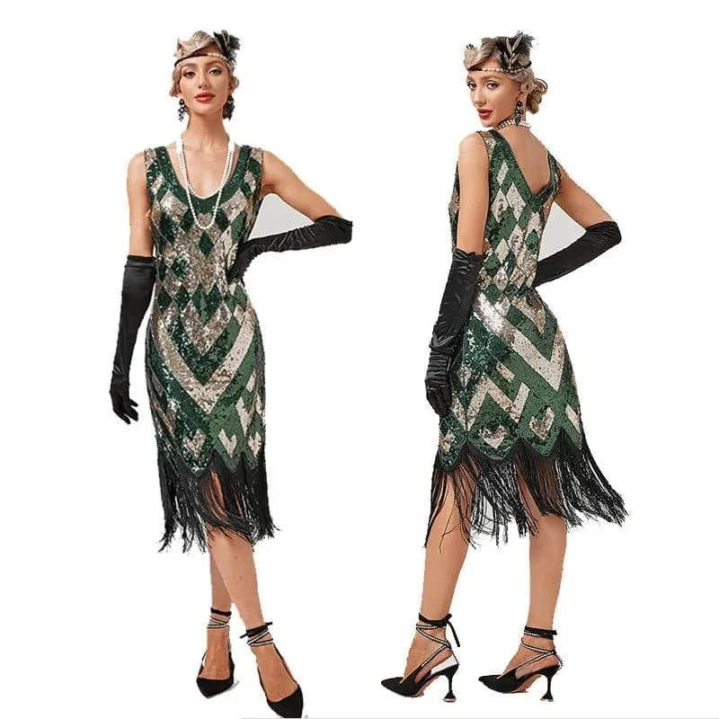 Vintage Sequin Tassel Dress - Geometric A-Line Mid-Calf Sleeveless V-Neck