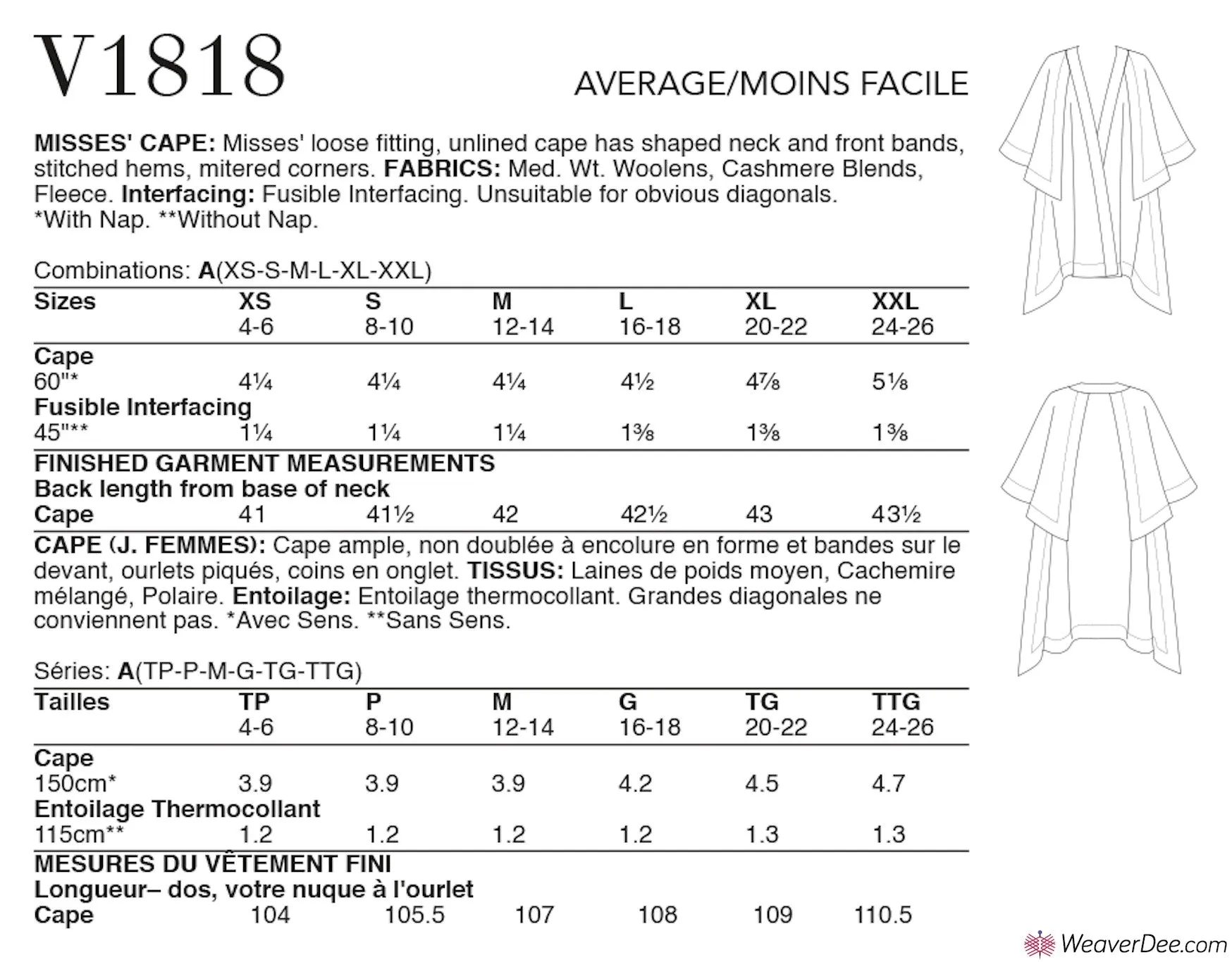 Vogue Pattern V1818 Misses' Cape