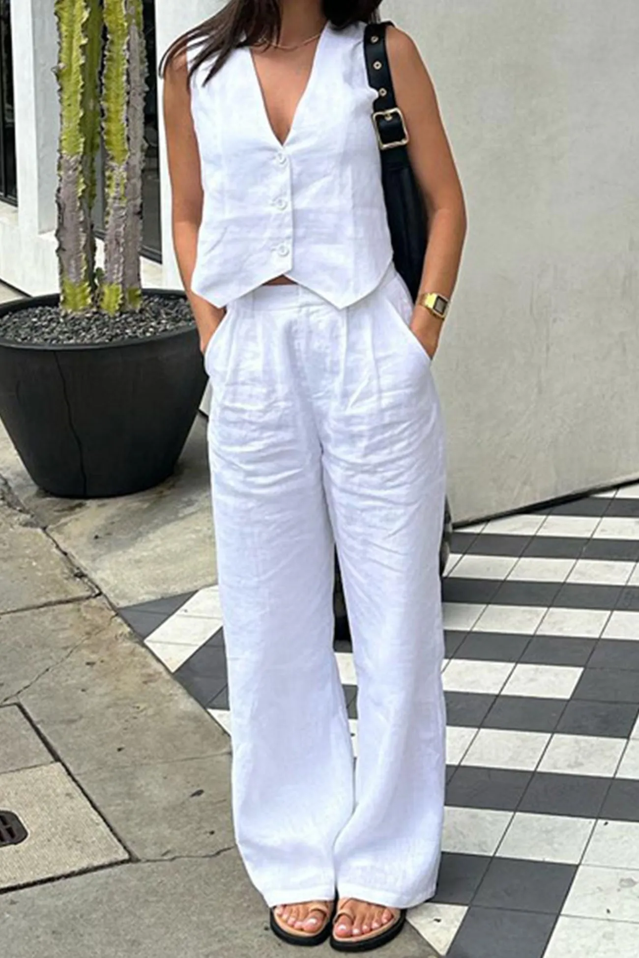 White Button Down Tank Top Long Pants Set