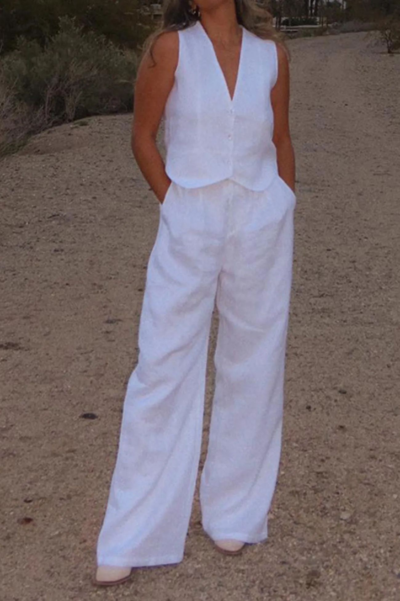 White Button Down Tank Top Long Pants Set